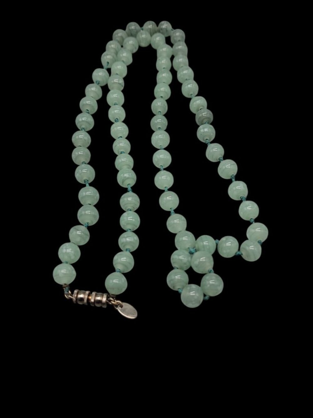 Vintage Les Bernard Signed Jade Bead Necklace Hand Knotted Barrel Clasp 34" - Picture 11 of 12